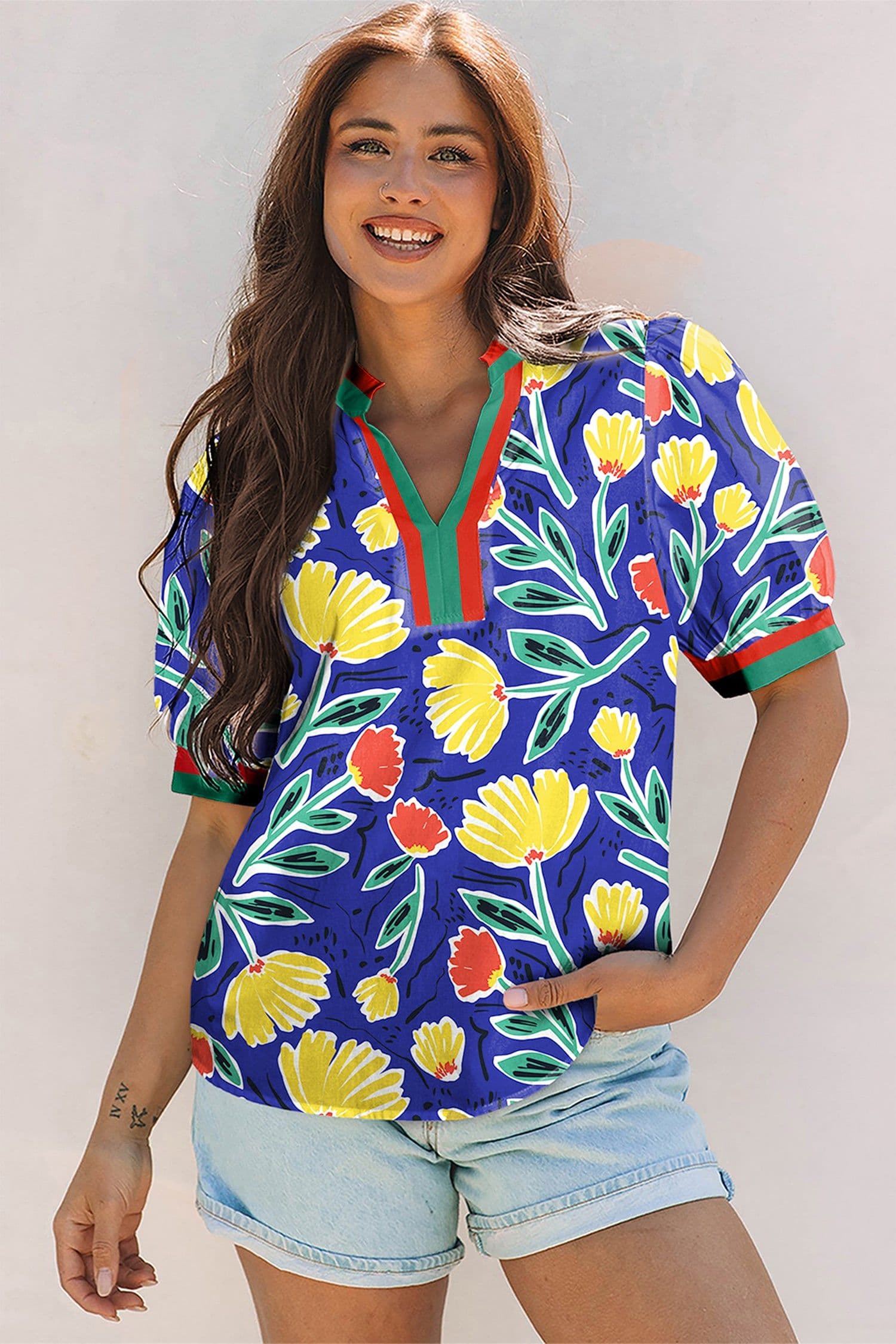 image-Blue Wild Floral Printed Contrast Striped Patchwork V Neck Short Sleeve Blouse