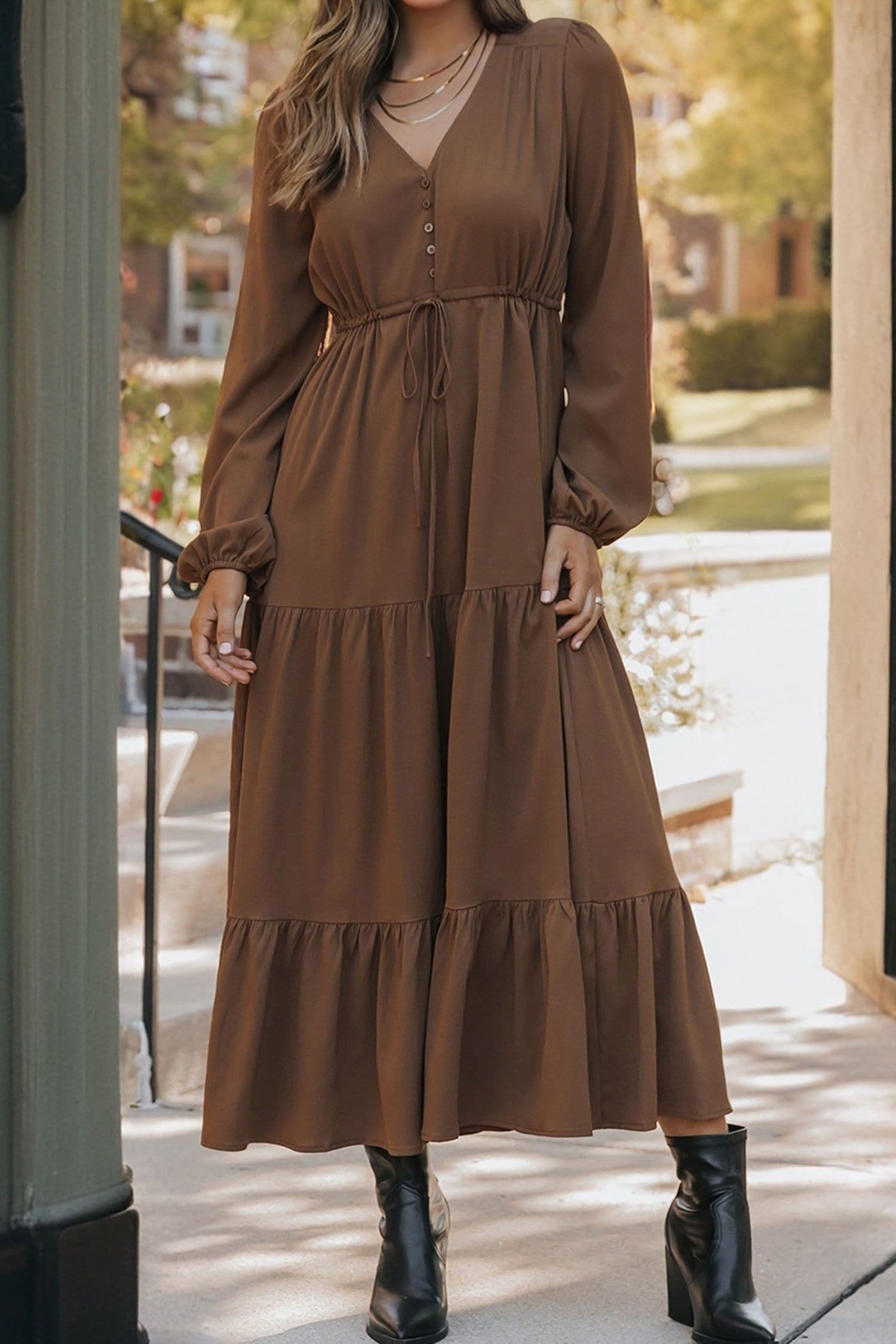 image-Burgundy Solid Long Sleeve Button V Neck Tiered Maxi Dress