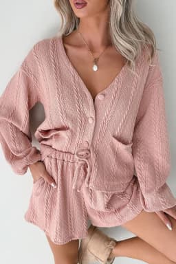 image-Gossamer Pink Cable Knit V Neck Cardigan Shorts Set