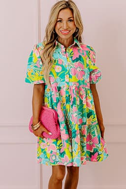 image-Green Floral Puff Sleeve Collar Buttoned Babydoll Dress