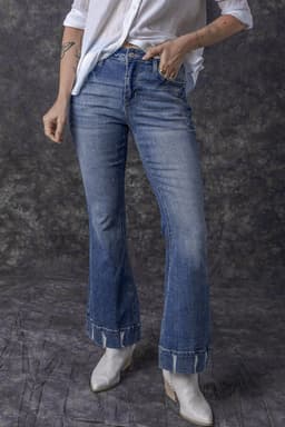image-Sky Blue Distressed Medium Wash Flare Jeans (65 characters)