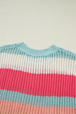 image-Green Stripe Color Block Hollow Out Knit Short Sleeve Sweater