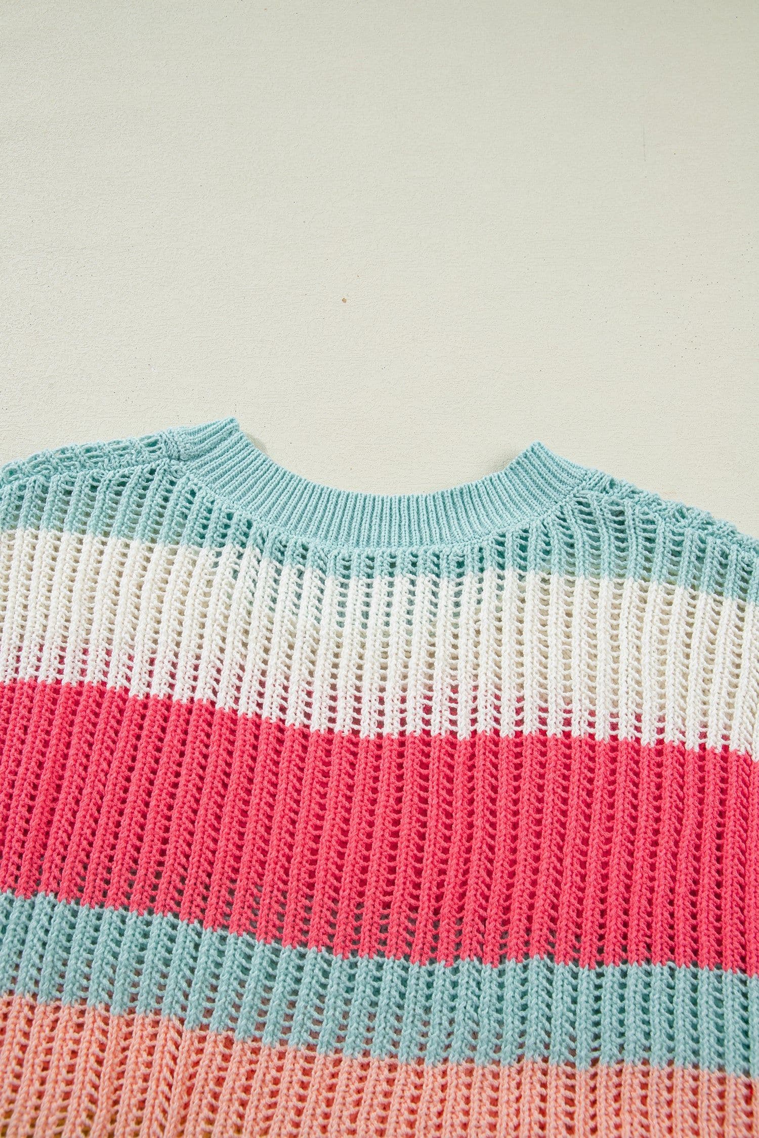 image-Green Stripe Color Block Hollow Out Knit Short Sleeve Sweater