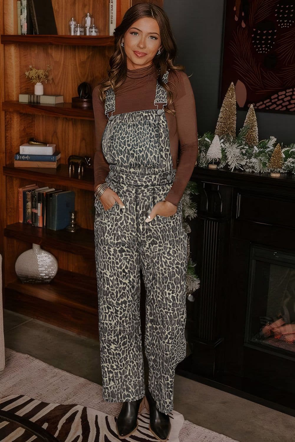 image-Brown Leopard Print Straight Leg Loose Denim Overall Jumpsuit