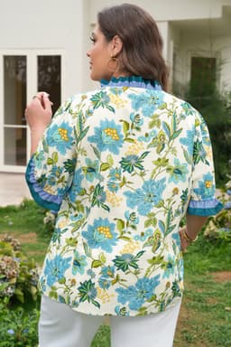 image-Sky Blue Plus Size Frilled V Neck Short Sleeve Floral Blouse