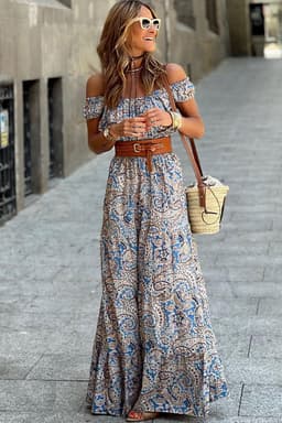 image-Blue Boho Paisley Print Off Shoulder Maxi Dress