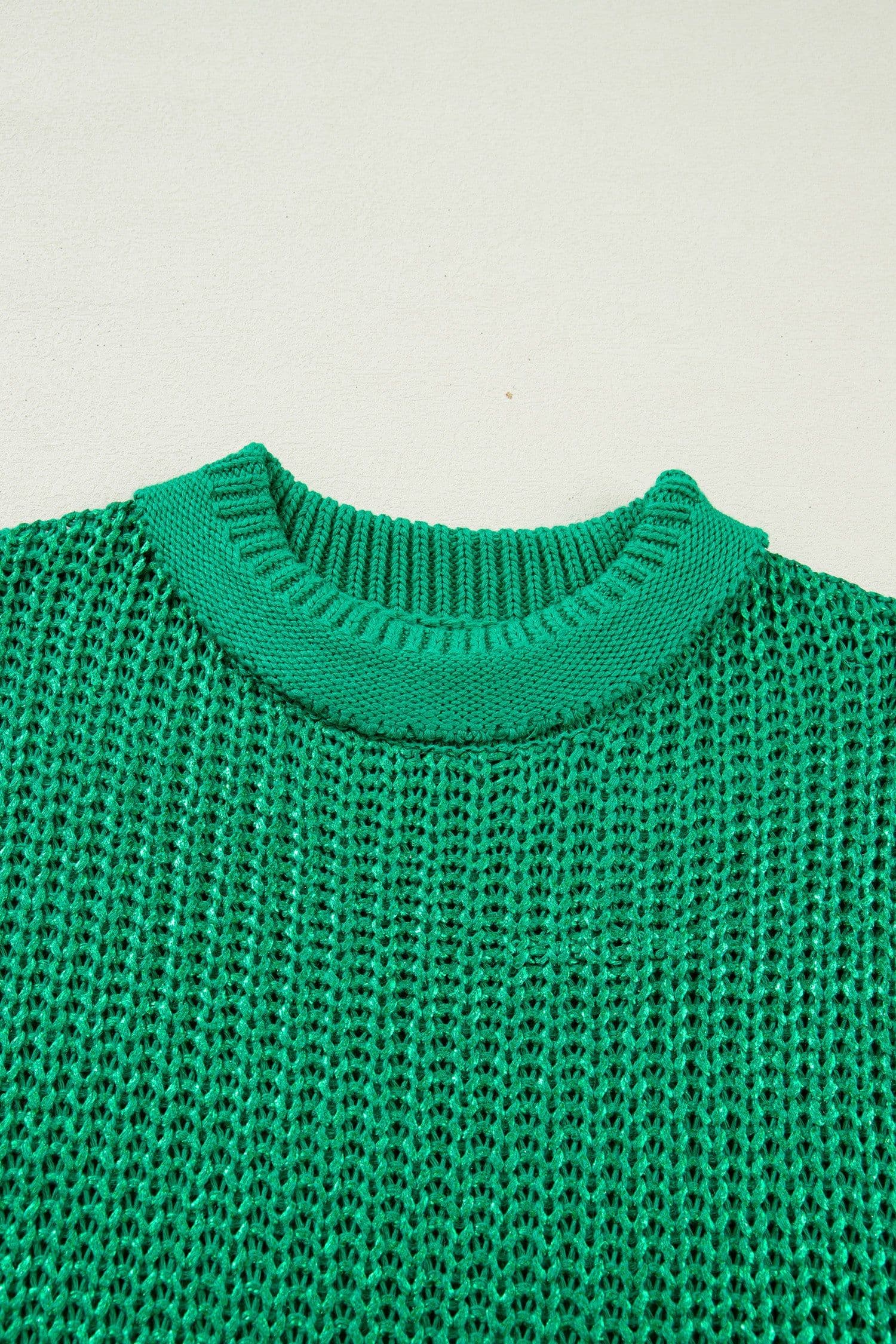 image-Bright Green Solid Color Knit High Neck Short Sleeve Sweater