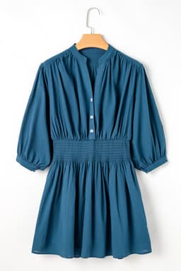 image-Prussian Blue Shirred High Waist Mini Dress - 3/4 Sleeves
