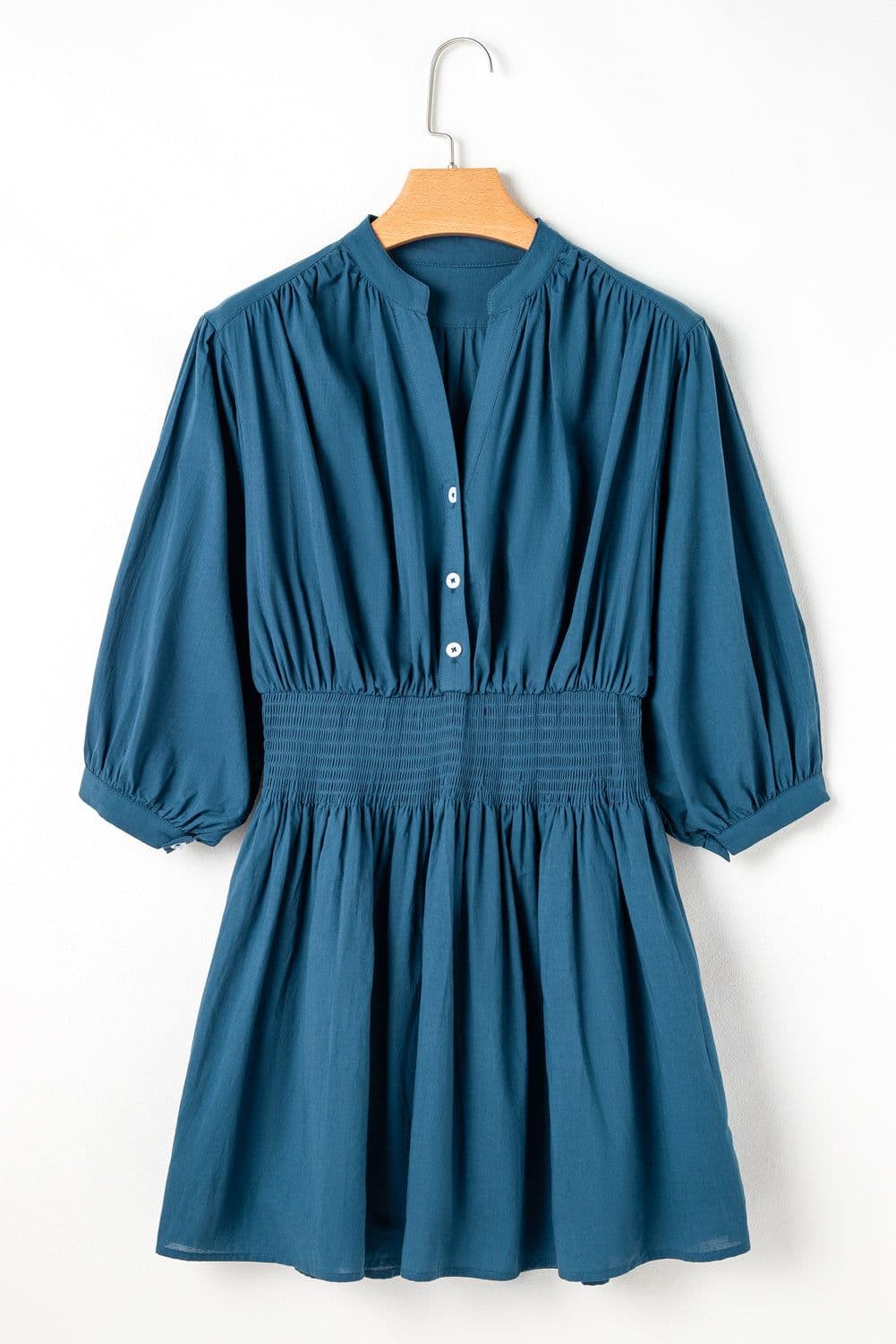 image-Prussian Blue Shirred High Waist Mini Dress - 3/4 Sleeves