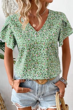 image-Green Boho Floral V Neck Wrap Short Sleeve Blouse