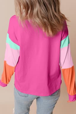 image-Dark Blue Colorblock Patchwork Long Sleeve Loose Top