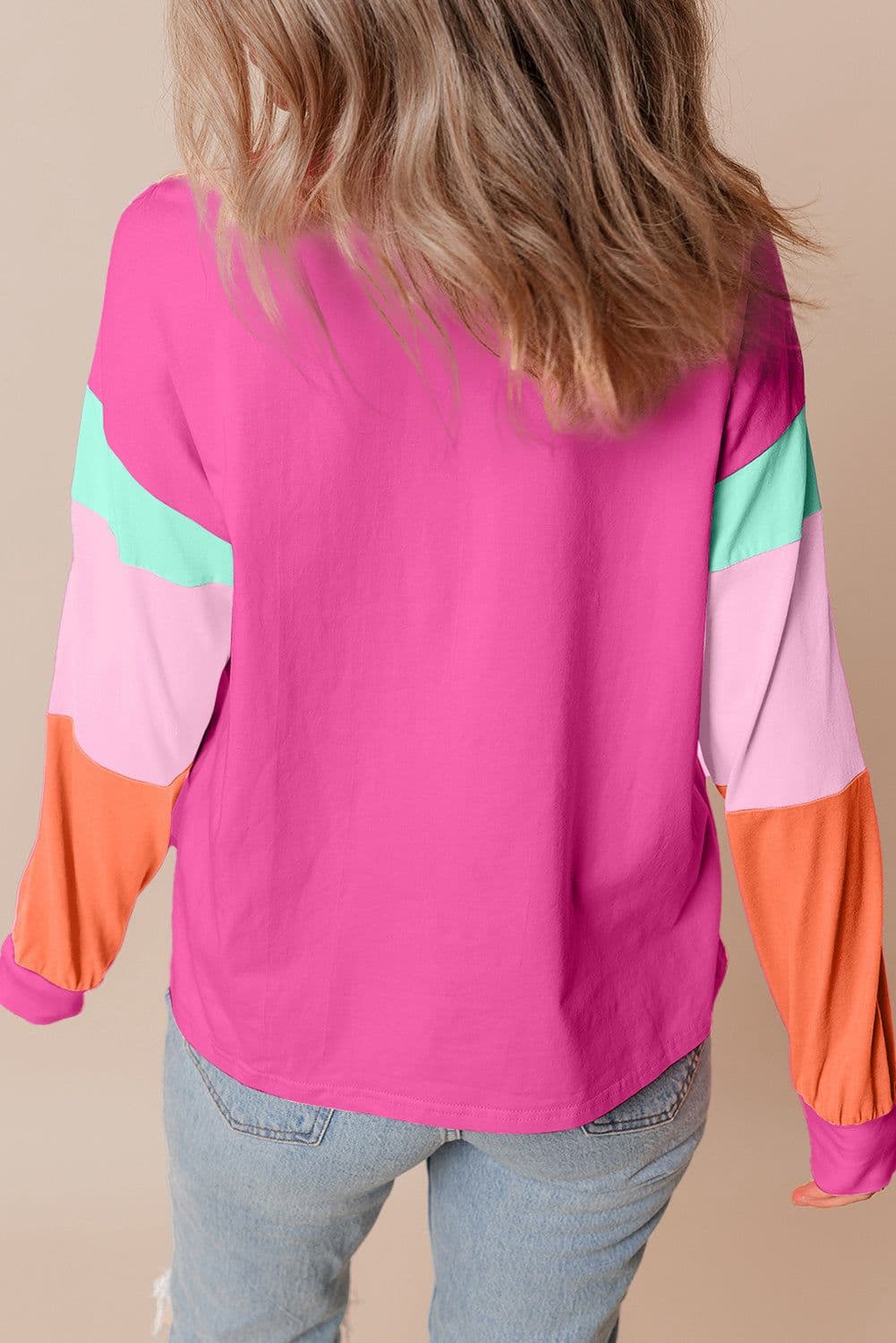 image-Dark Blue Colorblock Patchwork Long Sleeve Loose Top