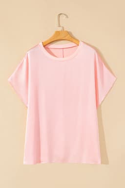 image-Pink Metallic Gloss Short Batwing Sleeve Plus Size Top