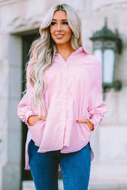 image-Sky Blue Striped Boyfriend Shirt with Pocket - Smocked Cuffs