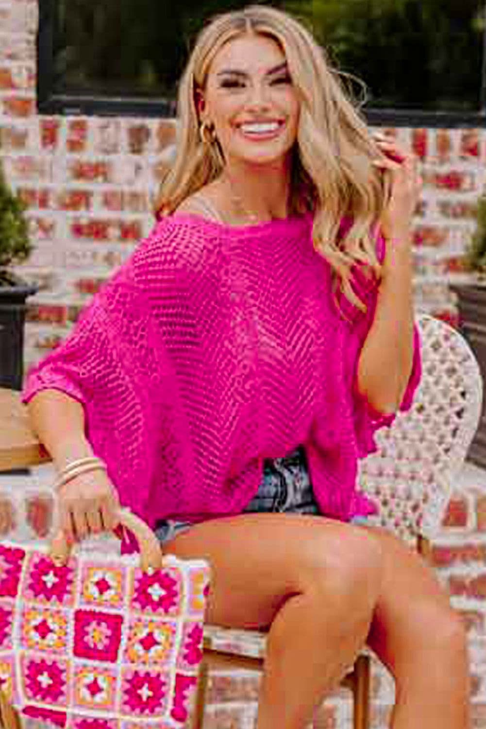 image-Rose Red Pointelle Knit Top - Short Sleeve, Scallop Edge, Delicate Design