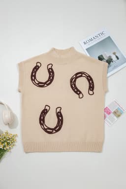 image-Parchment Corded Horseshoes Ribbed Trim Mock Neck Short Sleeve Sweater