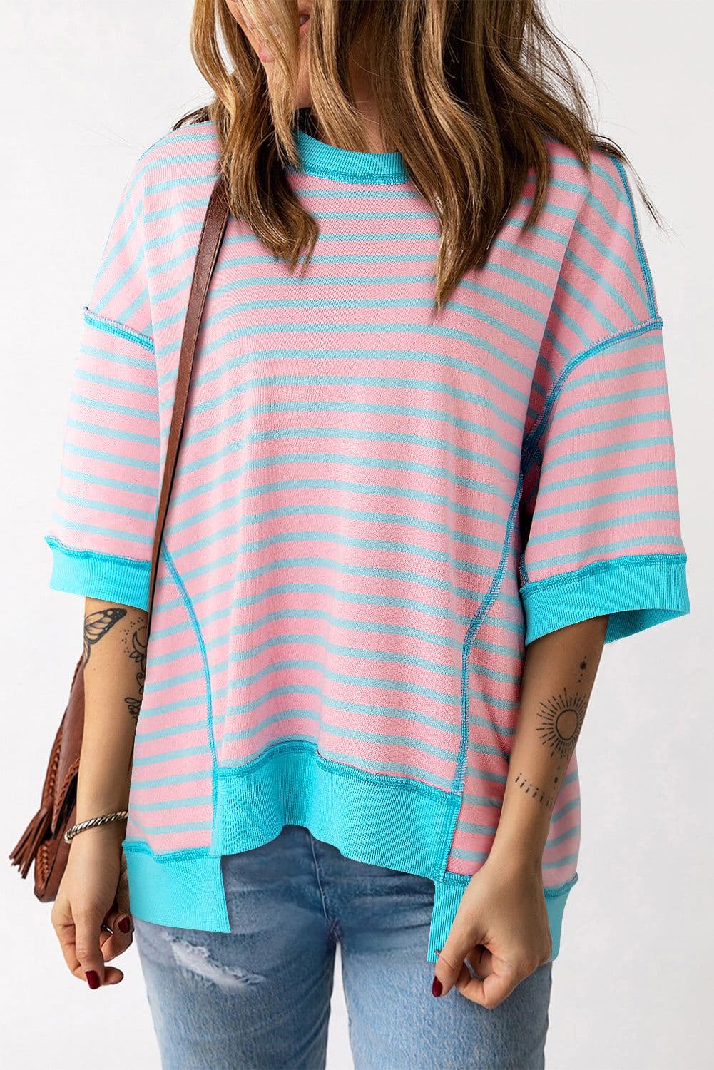 image-Pink Stripe Oversized Contrast Trim Exposed Seam High Low T Shirt