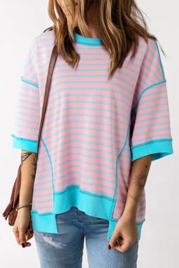image-Pink Stripe Oversized T-Shirt Contrast Trim