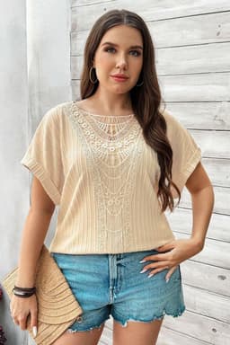 image-Plus Size Beige Crochet Lace Patched Cuffed Sleeve Top - Textured Cable Knit (65 characters)