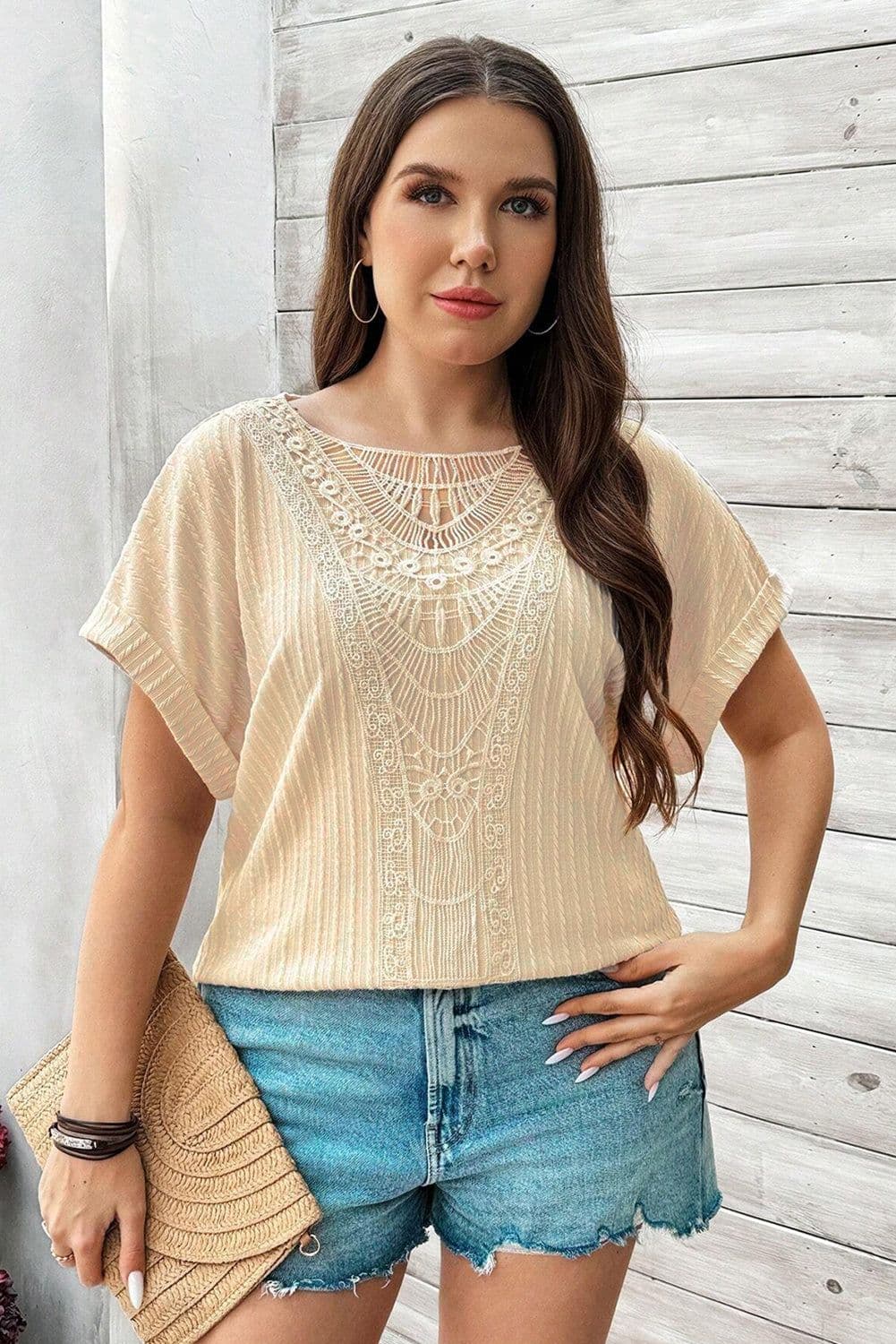 image-Plus Size Beige Crochet Lace Patched Cuffed Sleeve Top - Textured Cable Knit (65 characters)