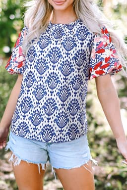 image-Blue Floral Western Print Blouse with Puff Sleeves - Chic Frilled Neck