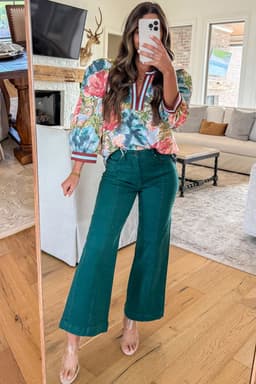 image-Sky Blue Floral Blouse V Neck Cuffed Sleeves