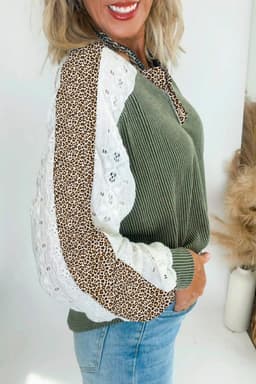 image-Vineyard Green Twisted Ribbed Leopard Lace Top
