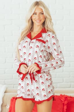 image-White Santa & Stripes Ruffle PJ Set