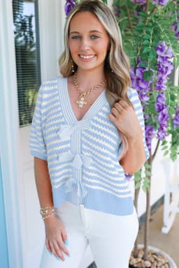 image-Sky Blue Stripe Knit V Neck Bow Sweater