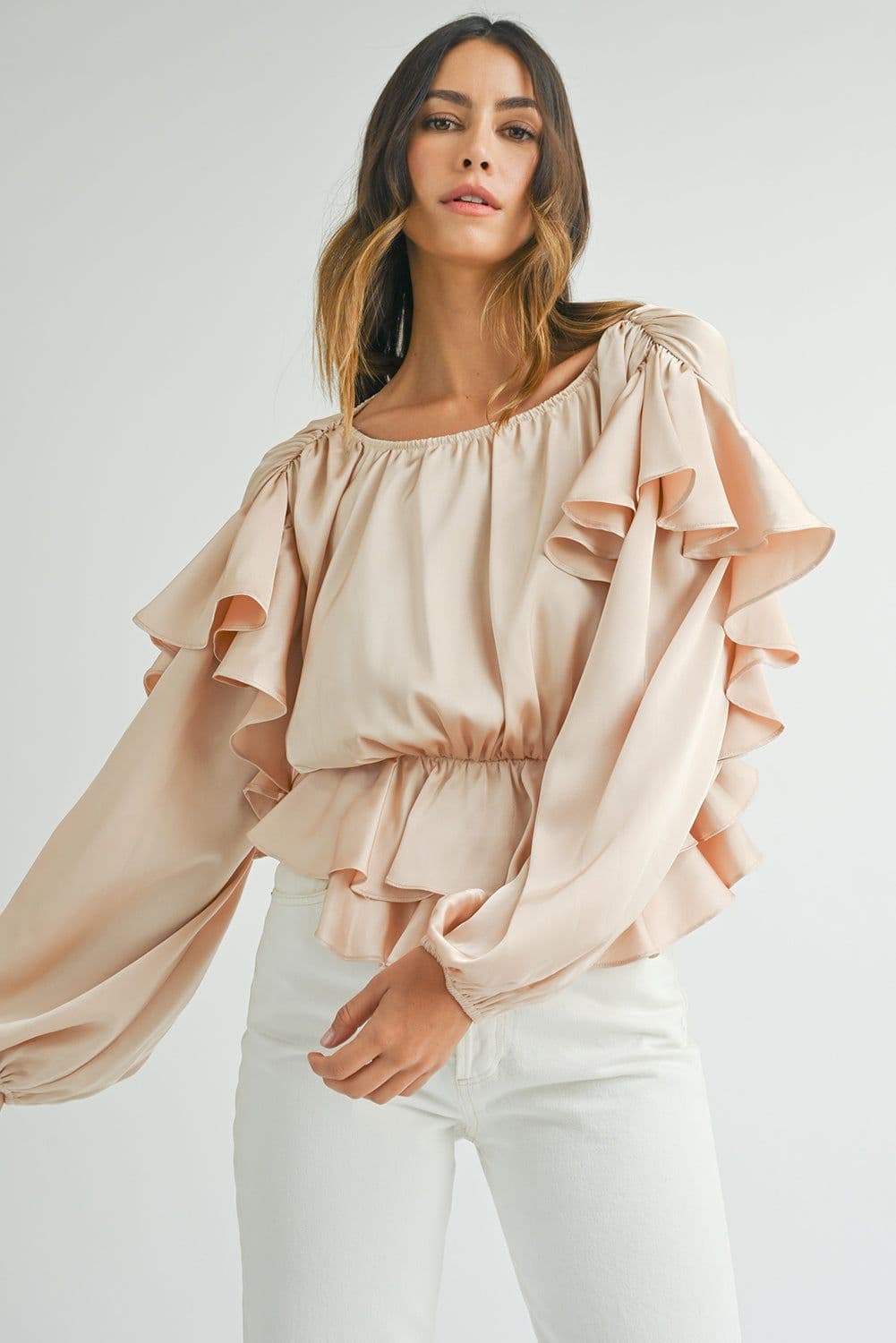 image-Oatmeal Ruffled Peplum Blouse - Keyhole Back, Size S-XL