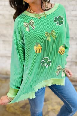 image-Bright Green Twisted Rib St Patricks Day Sequin Patch Graphic Long Sleeve Top