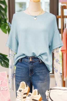 image-Beau Blue Floral Lace Waffle Patchwork Top