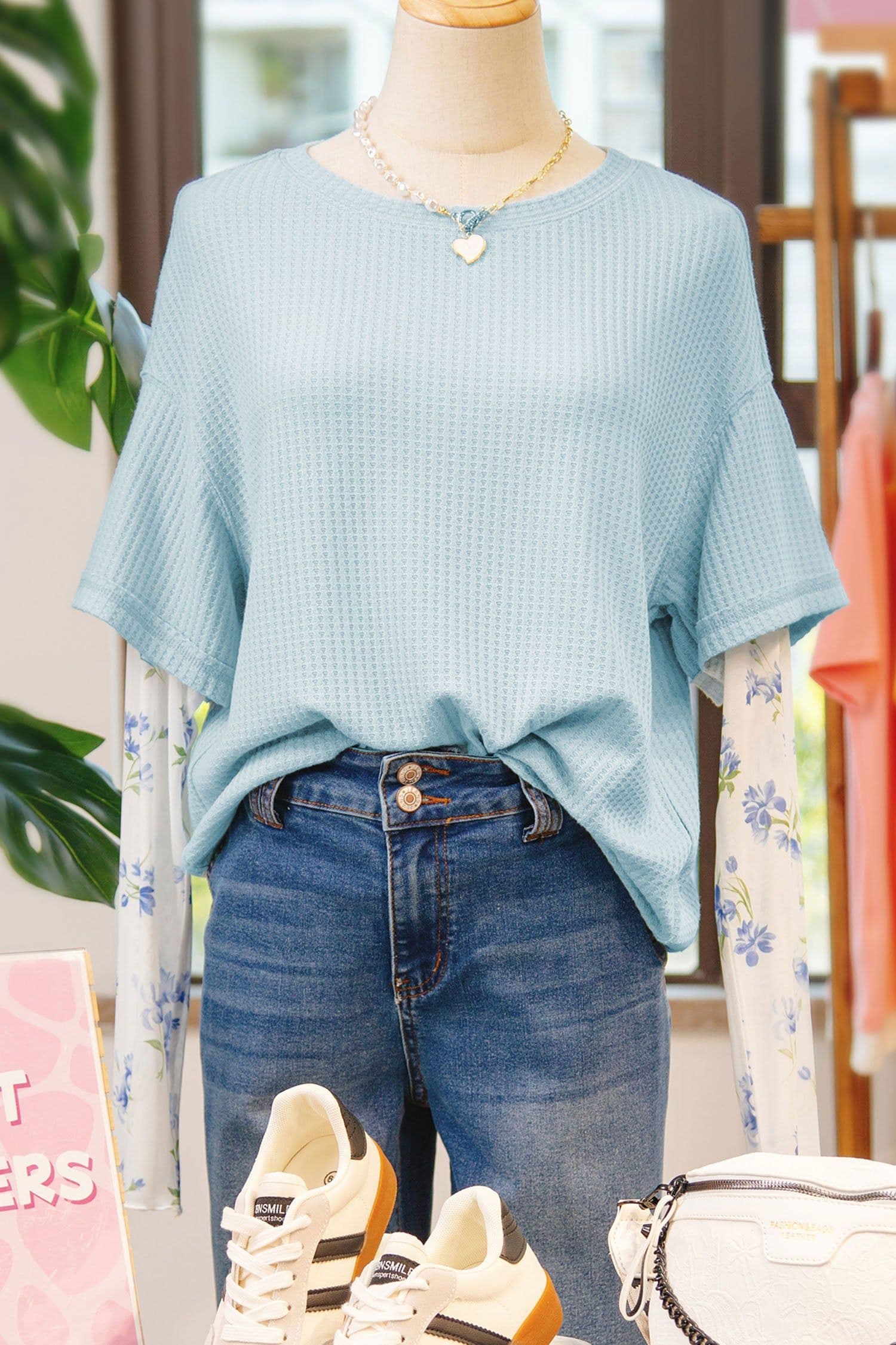 image-Beau Blue Floral Lace Waffle Patchwork Top
