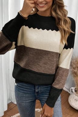 image-Brown Colorblock Crew Neck Drop Shoulder Sweater