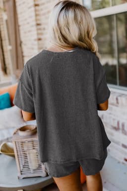 image-Phalaenopsis Ribbed Textured Knit Loose Fit Tee and Shorts Set
