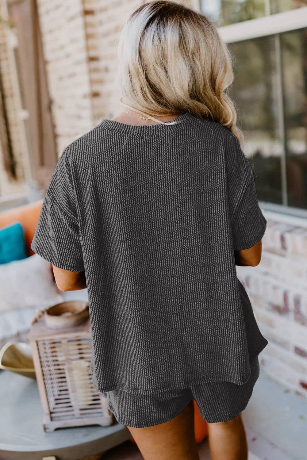 image-Phalaenopsis Ribbed Textured Knit Loose Fit Tee and Shorts Set
