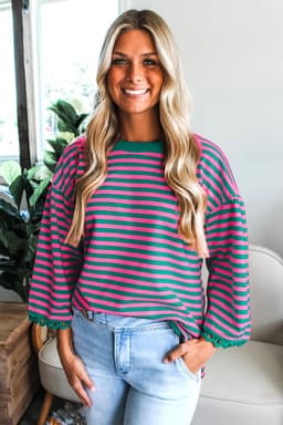 image-Sachet Pink Striped Print Drop Shoulder Lace Trim Bracelet Sleeve Loose Top