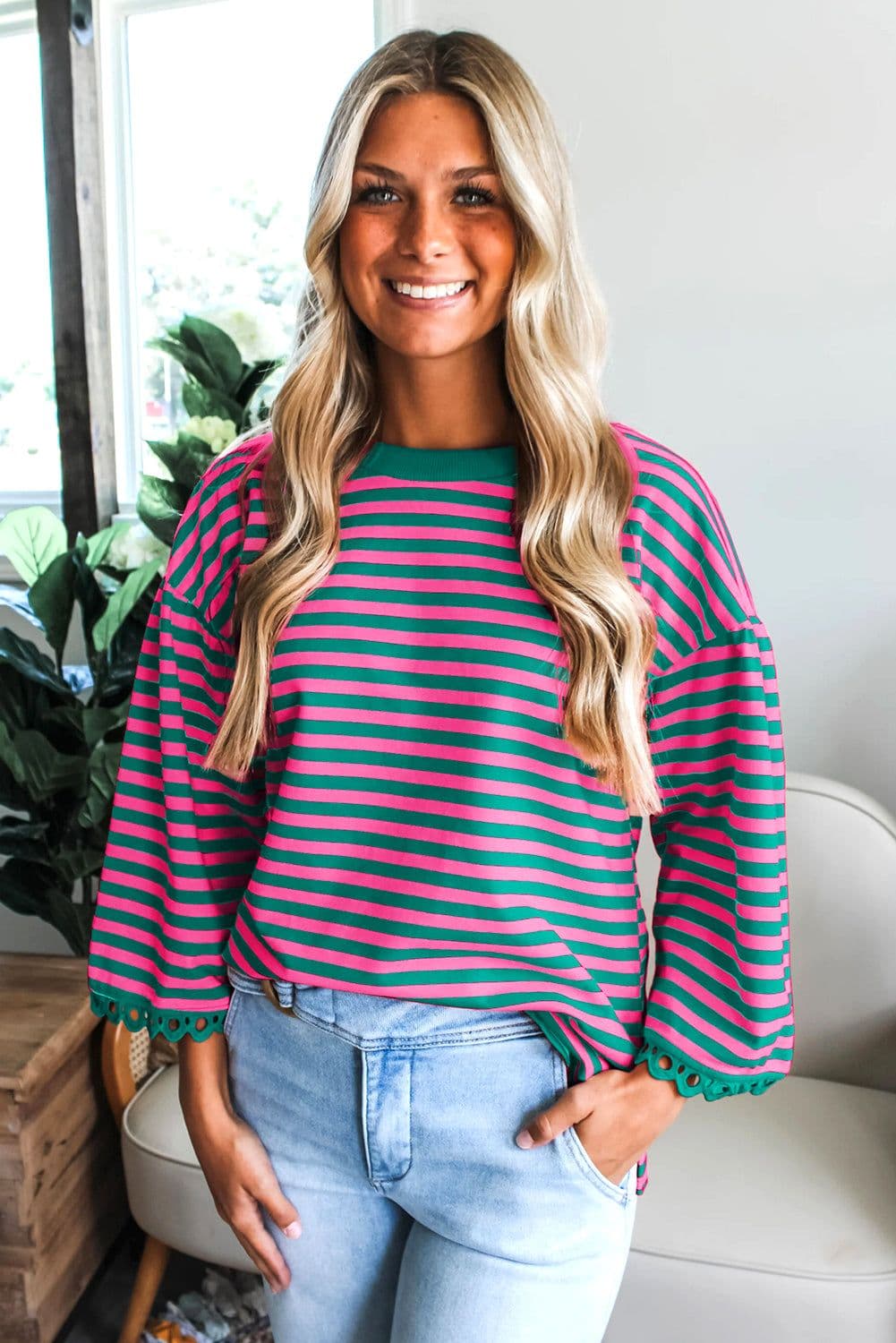 image-Sachet Pink Striped Print Drop Shoulder Lace Trim Bracelet Sleeve Loose Top