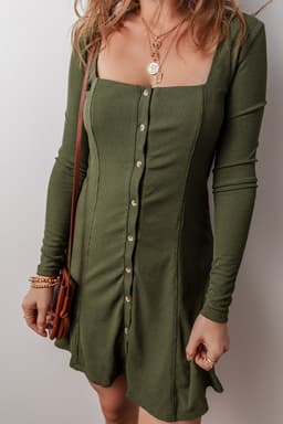 image-Rib Knit Square Neck Mini Dress - Green Long Sleeve