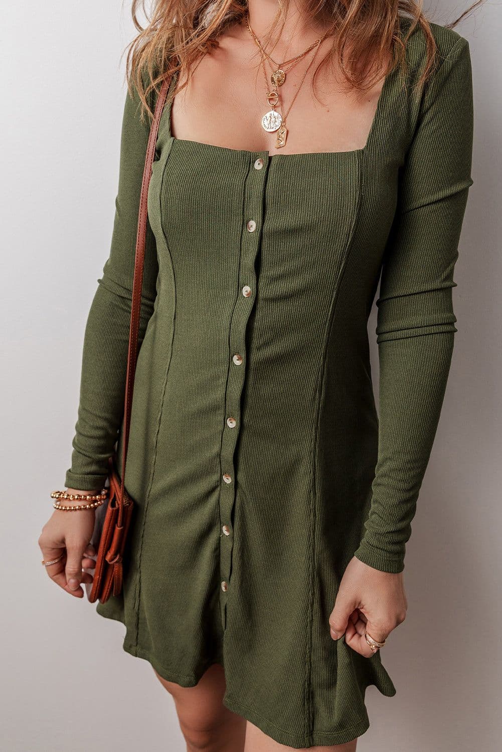 image-Rib Knit Square Neck Mini Dress - Green Long Sleeve