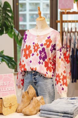 image-Khaki Fall Floral Pattern Drop Shoulder Sweater