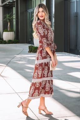 image-Brown Floral Maxi Dress - Belted Tiered Striped Trim