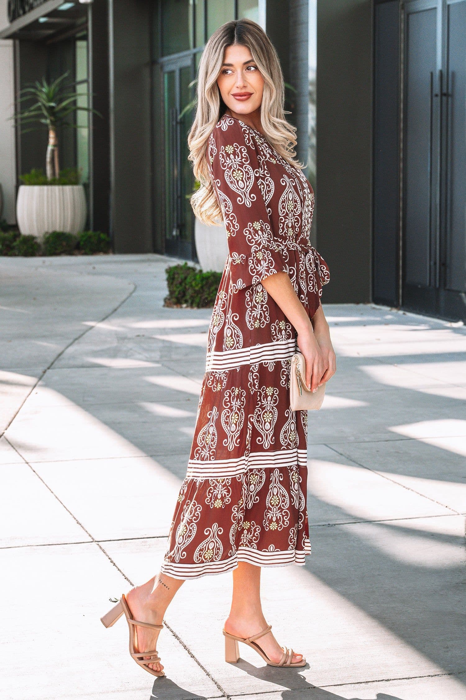 image-Brown Floral Maxi Dress - Belted Tiered Striped Trim