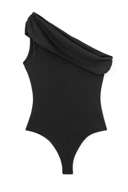 image-Solid Color Pleated One Shoulder Bodysuit - Black