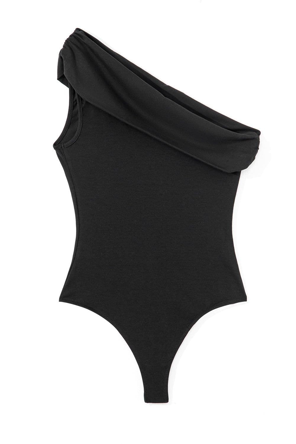 image-Solid Color Pleated One Shoulder Bodysuit - Black