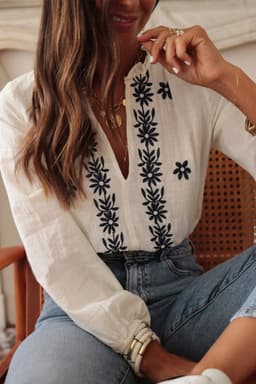 image-Floral Embroidered V Neck Puff Sleeve Blouse - White (50 characters)