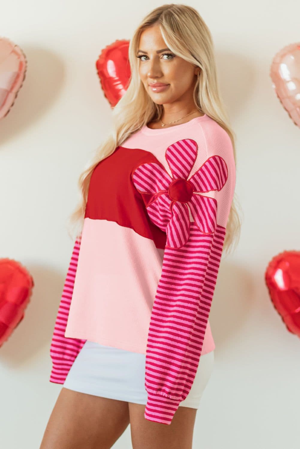 image-Floral Patch Textured Top - Striped Sleeves, Pink, Sizes S-XL