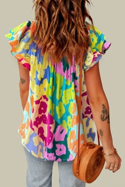 image-Leopard Flutter Sleeve V Neck Crinkled Blouse - Multicolour
