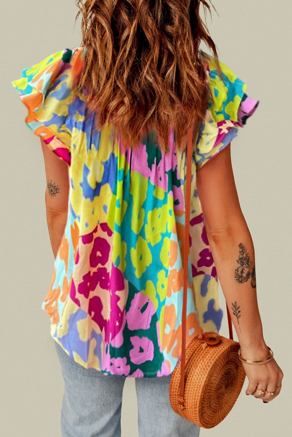 image-Leopard Flutter Sleeve V Neck Crinkled Blouse - Multicolour