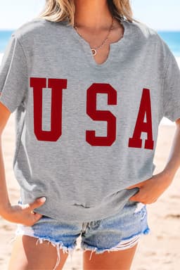 image-Light Grey USA Lettering Patch Notched Neck Loose Tee